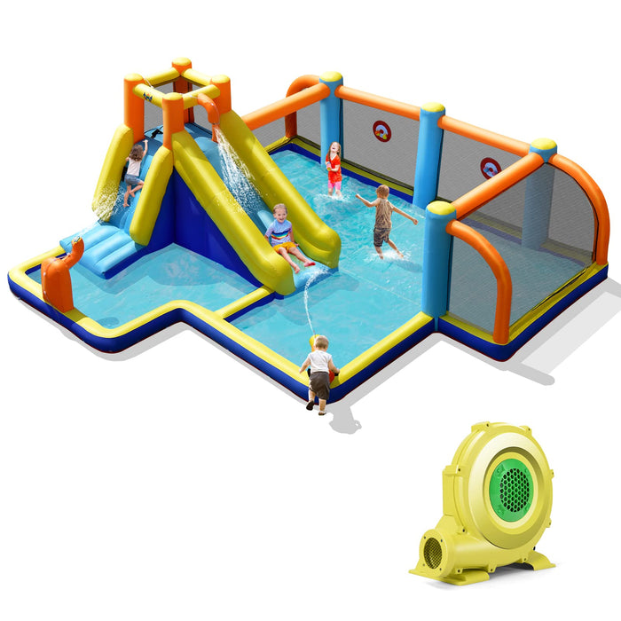 Inflatable Water Slide, 7-in-1 Long Slide Giant Water Park Wet Dry Combo with Water Soccer Splash Pool (with 680W Blower)