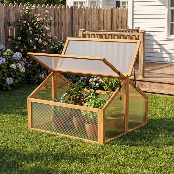 Wood Cold Frame Greenhouse, Portable Raised Flower Planter Protection