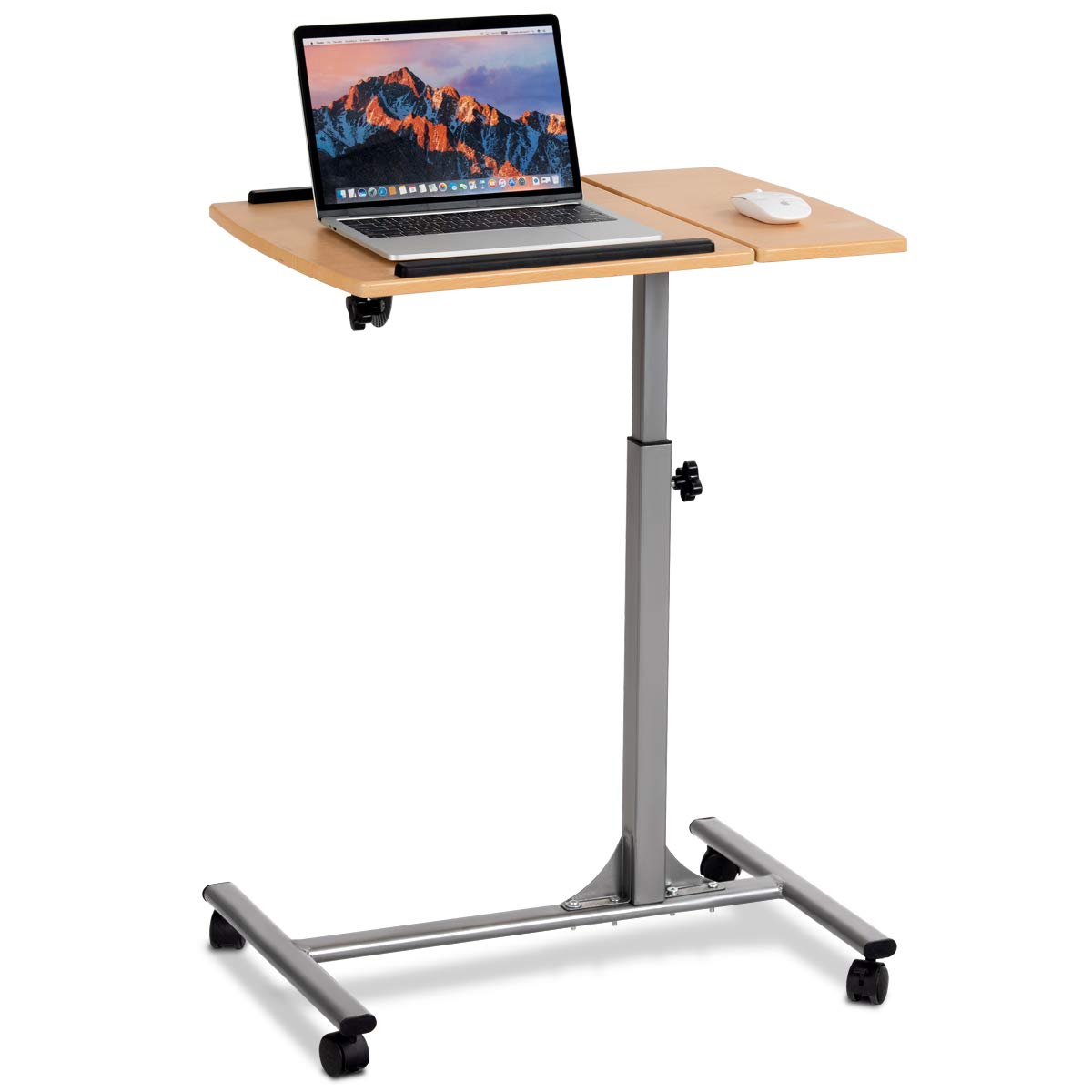 Mobile Laptop Desk, Angle & Height Adjustable Wooden Over Bed Table, Rolling Mobile Stand Desk w/ Lockable Casters