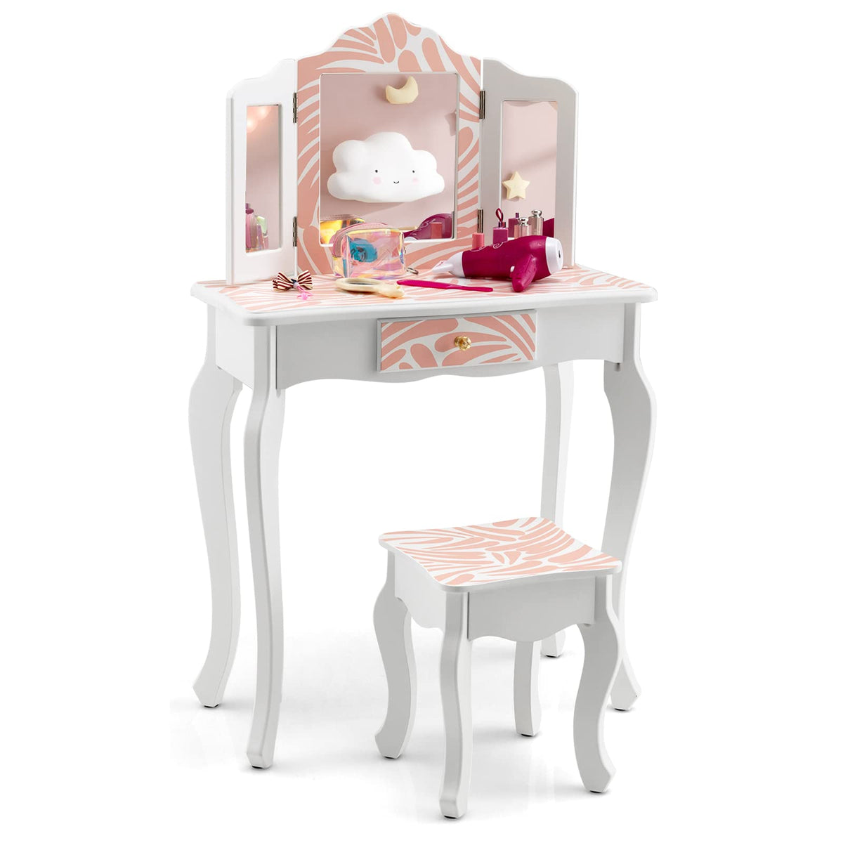 Kids Vanity Set with Tri-folding Mirror, Drawer and Stool