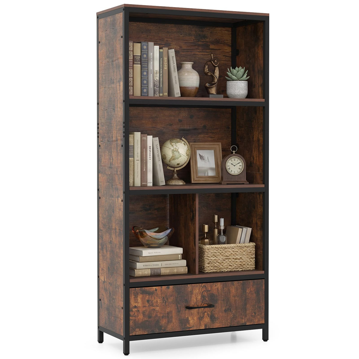 Industrial Freestanding Bookcase with 4 Storage Compartments and Large Fabric Drawer for Study