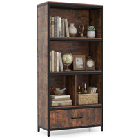 Industrial Freestanding Bookcase with 4 Storage Compartments and Large Fabric Drawer for Study