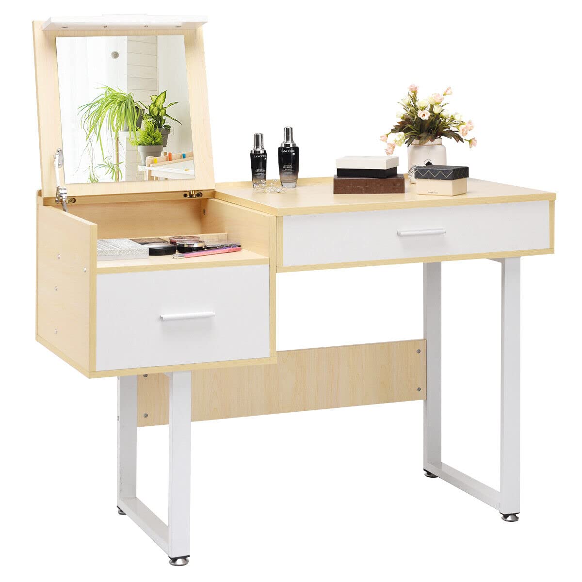 Giantex Vanity Table with Flip Top Mirror, Makeup Table Computer Laptop Desk w/ 2 Drawers