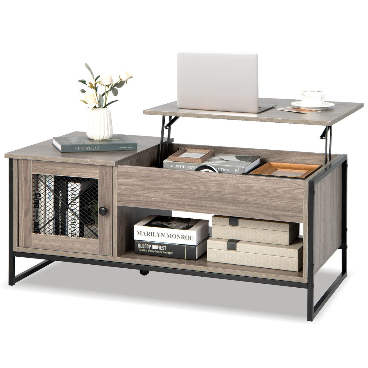 106cm Lift Top Coffee Table, Industrial Center Table with Mute Pneumatic Lifting, Grey
