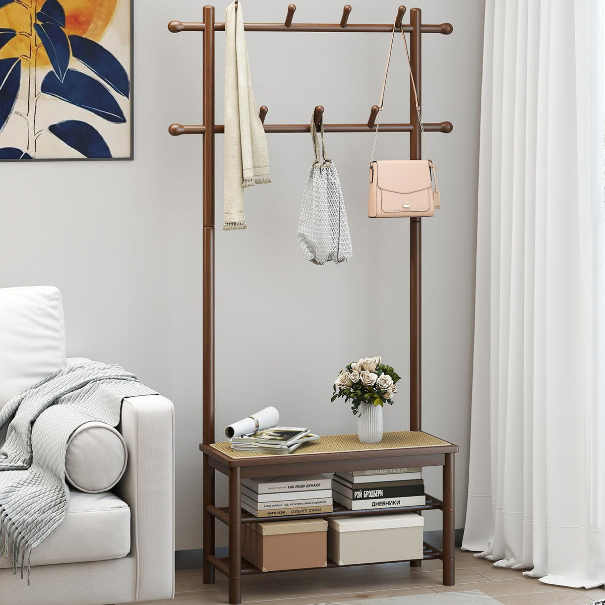 3-in-1 Hall Tree with 11 Hooks Hanging Rods and Shelves for Home