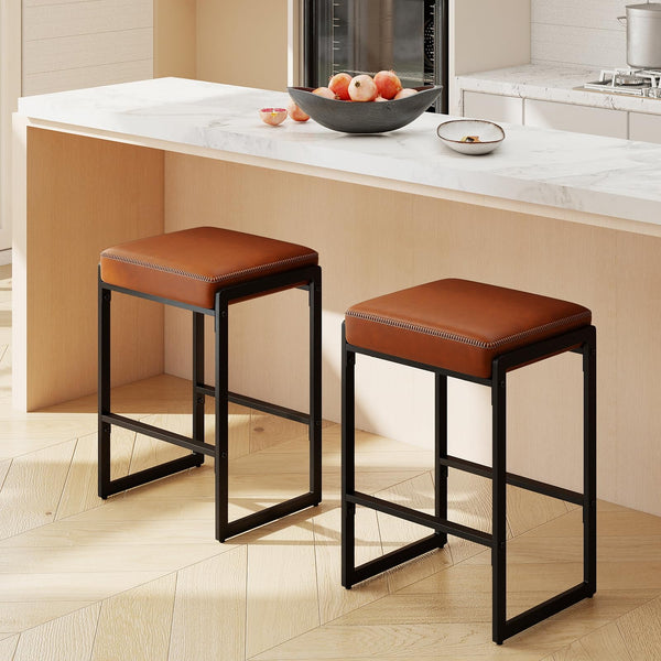 26 Inch Bar Stools Set of 2 with Faux Leather Upholstered Seat for Dining Room