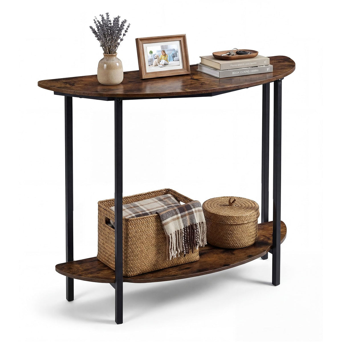 Half-moon Console Table with Open Storage Shelf and Anti-tip Kits for Living Room