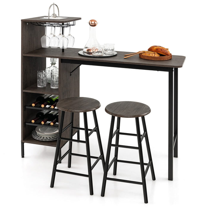 Giantex 3PCS Bar Table and Chair Set, Industrial Pub Table and Stools with Wine Glass Holders & 6-Bottle Wine Racks , Brown