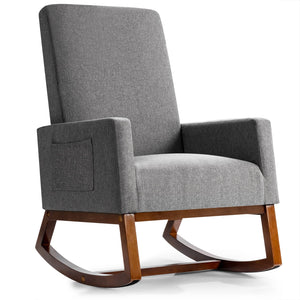 Giantex Modern Rocking Chair, Upholstered Fabric Armchair with Rubber Wood Base, Linen Padded Seat