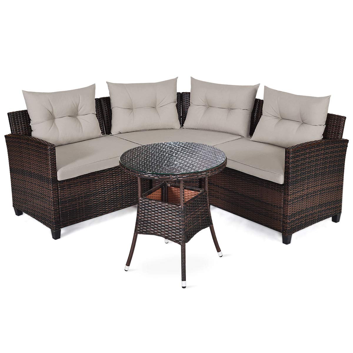 4-Piece Patio Furniture Set, Outdoor Rattan Wicker Sofa & Tempered Glass Coffee Table Set