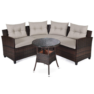 4-Piece Patio Furniture Set, Outdoor Rattan Wicker Sofa & Tempered Glass Coffee Table Set