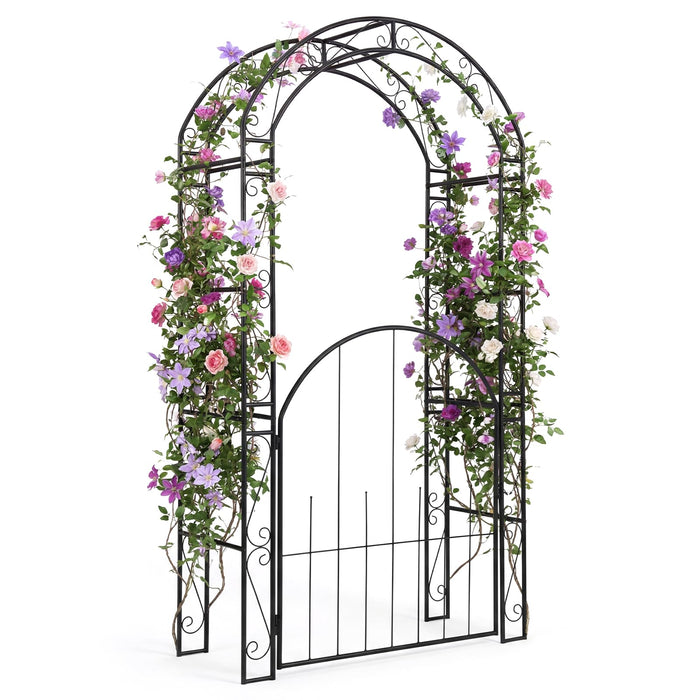 84'' Garden Arbor with Gate, Heavy-Duty Metal Arch Trellis for Climbing Plants Vines Roses