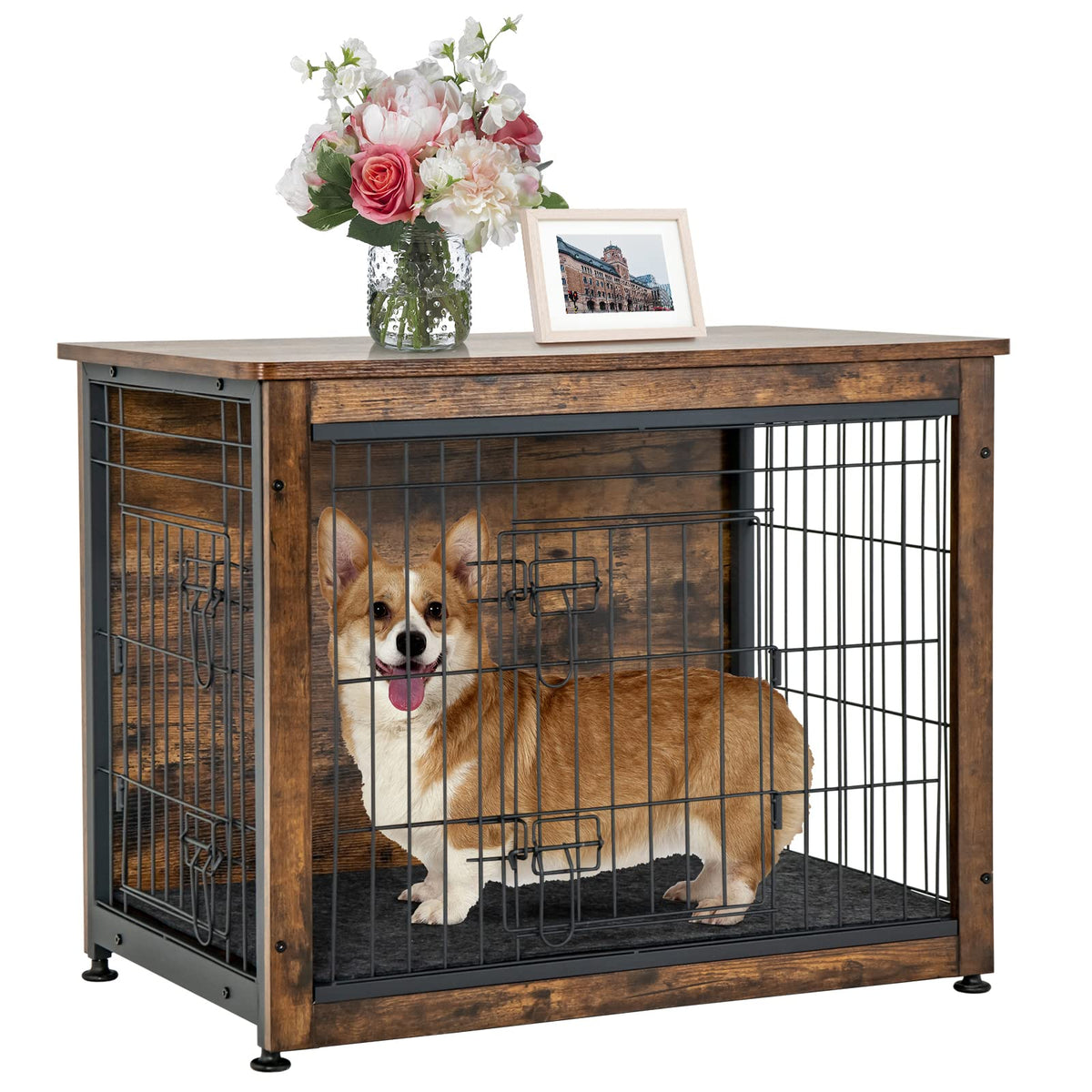 Decorative Dog Kennel End Table with Wired & Wireless Charging