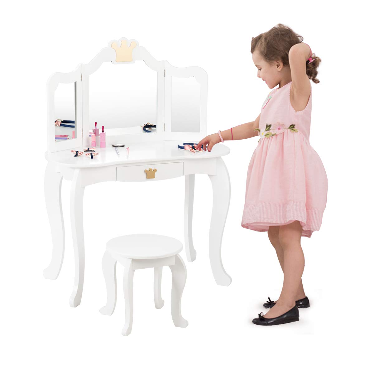 2-in-1 Kids Dressing Table & Stool Set, Toddler Wooden Vanity Table with Tri-Fold Mirror & Drawer