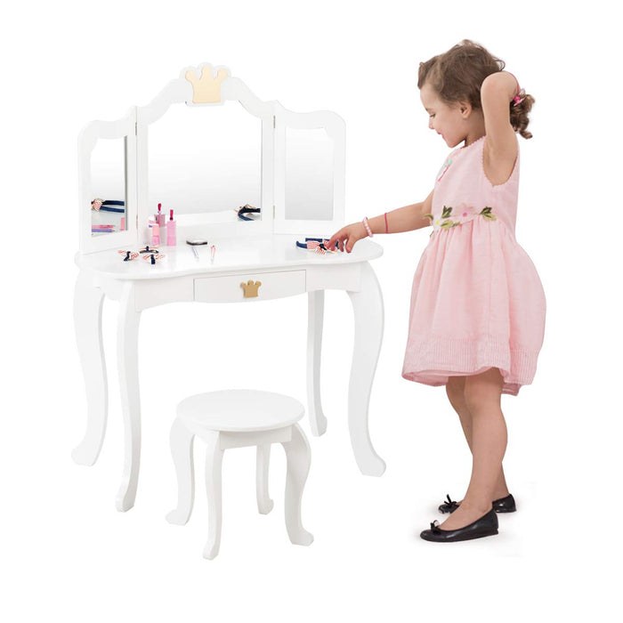 2-in-1 Kids Dressing Table & Stool Set, Toddler Wooden Vanity Table with Tri-Fold Mirror & Drawer