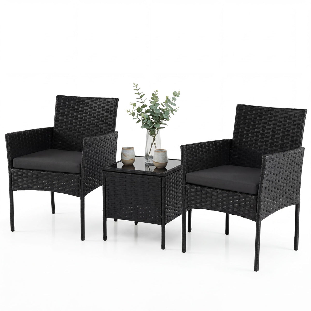 PE Rattan 3-Piece Patio Bistro Set with Tempered Glass Table