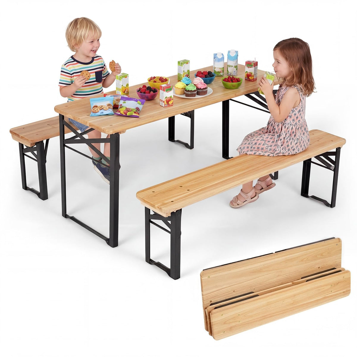 110 CM Folding Kids Picnic Table & Bench Set, No Assembly Wooden Toddler Table