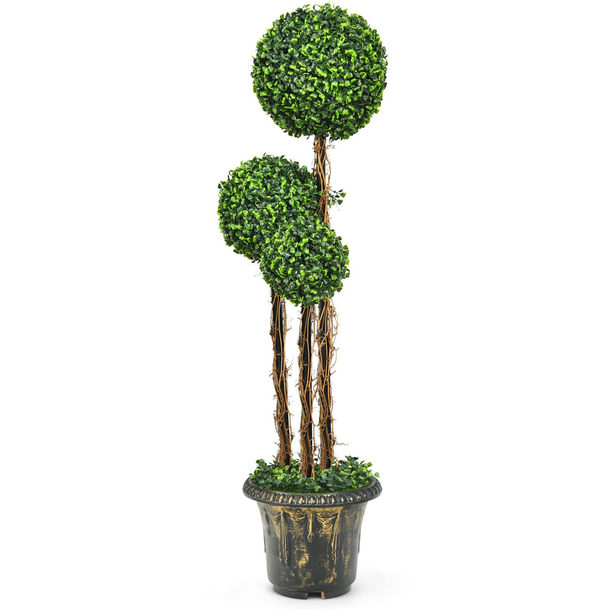 Giantex Topiary Artificial Tree, 120cm Triple Ball Tree w/UV & Water Protection, Cement-filled Pot, Real Wood Rattan