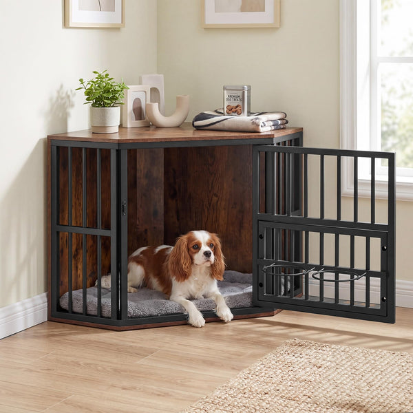 Corner Dog Crate 2-in-1 Kennel and TV Stand with Adjustable Dog Bowl Rack