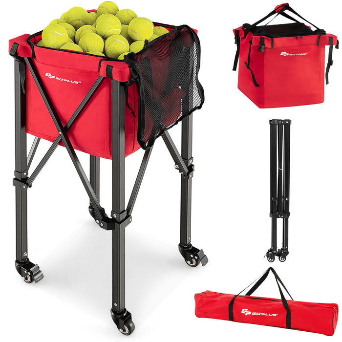 Foldable Tennis Ball Cart, Lightweight Aluminum Tennis Ball Hopper Basket w/Wheels