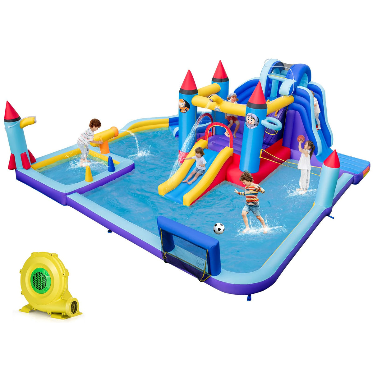 Inflatable Water Slide Park, Kids Inflatable Jumping Castle w/2 Slides w/ 850W Blower