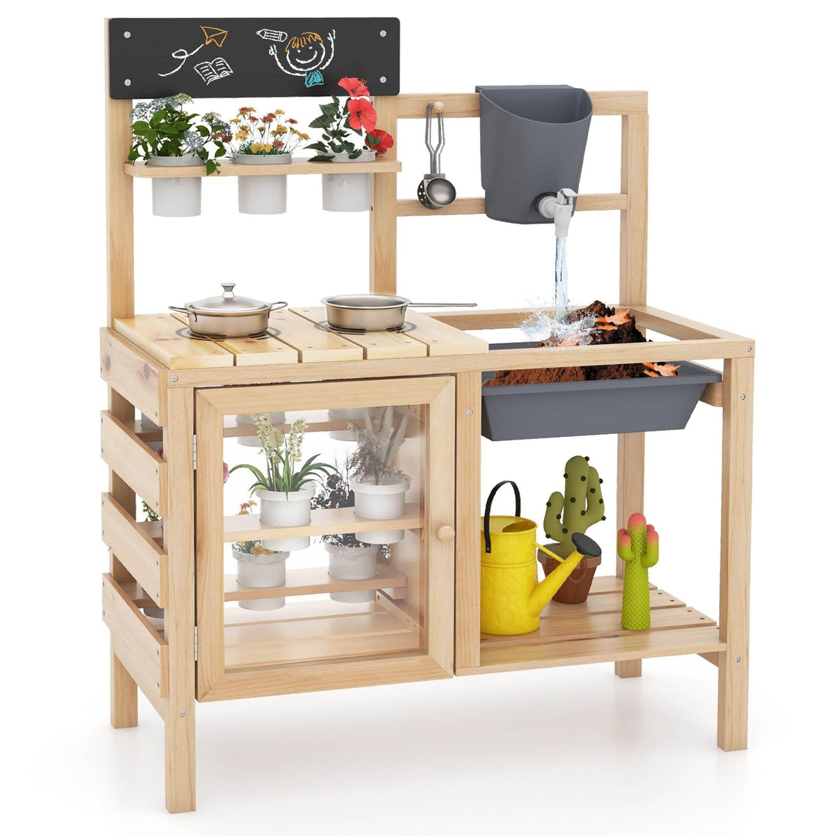Kids Pretend Play Kitchen Toy Set with Removable Sink, Faucet, Dual Stoves