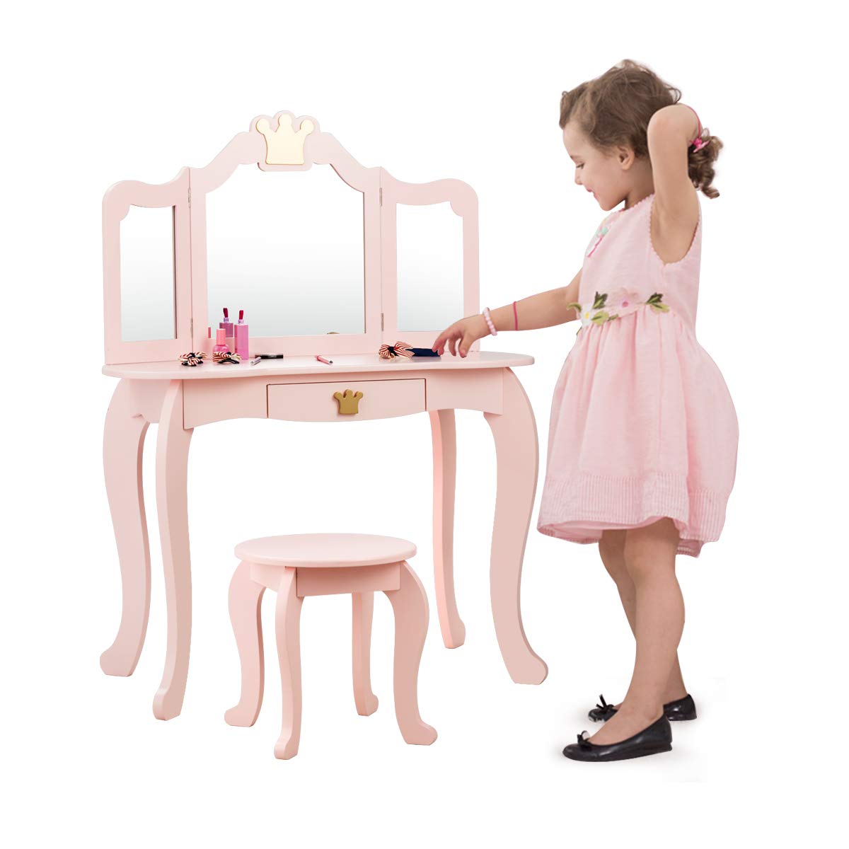 2-in-1 Kids Dressing Table & Stool Set, Toddler Wooden Vanity Table with Tri-Fold Mirror & Drawer