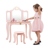 2-in-1 Kids Dressing Table & Stool Set, Toddler Wooden Vanity Table with Tri-Fold Mirror & Drawer