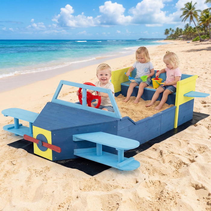 Glider-Shape Kids Sandpit, Large Wooden Outdoor Sand Box w/Bench Seat, Propeller, Rotatable Rudder and Side Wings