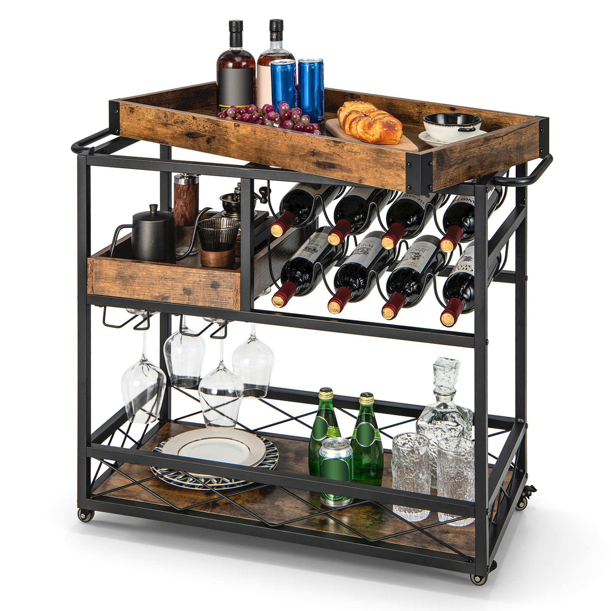 Giantex Home Bar Serving Cart, 3-Tier Rolling Bar Cart with Removable Tray