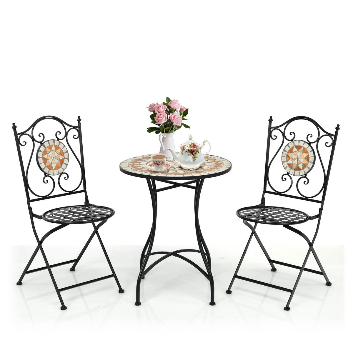 3 Piece Patio Bistro Set, Mosaic Pattern Metal Dining Set
