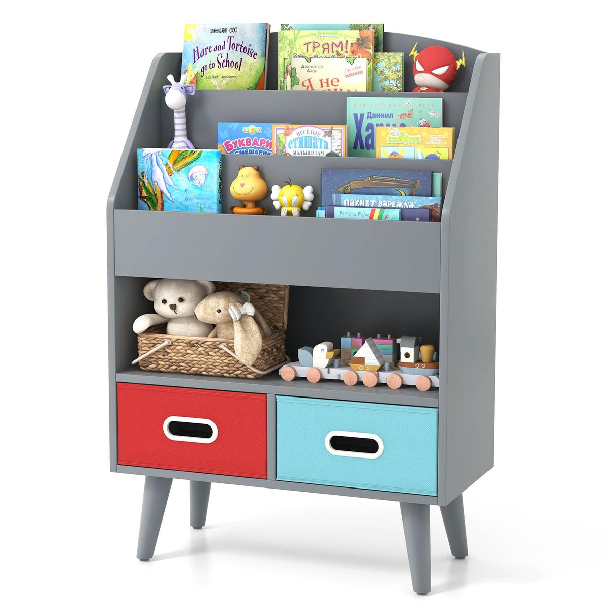 3 Leg Book Display Rack Kids Bookshelf Book Display Rack with 3-Tier Bookshelves and 2 Drawers ...