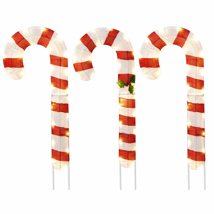 3 Pieces 80CM Pre-Lit Xmas Yard Candy Canes with 75 LED Lights