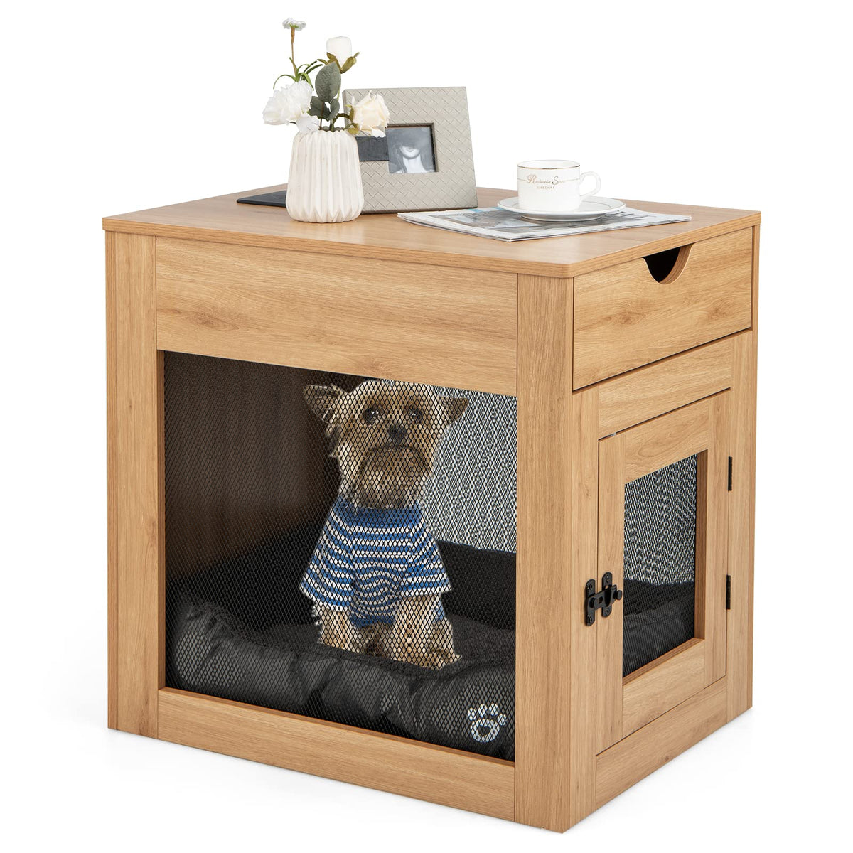 Furniture Style Dog Crate with Wired & Wireless Charging, Decorative Dog Kennel End Table w/Drawer, Removable Dog Bed