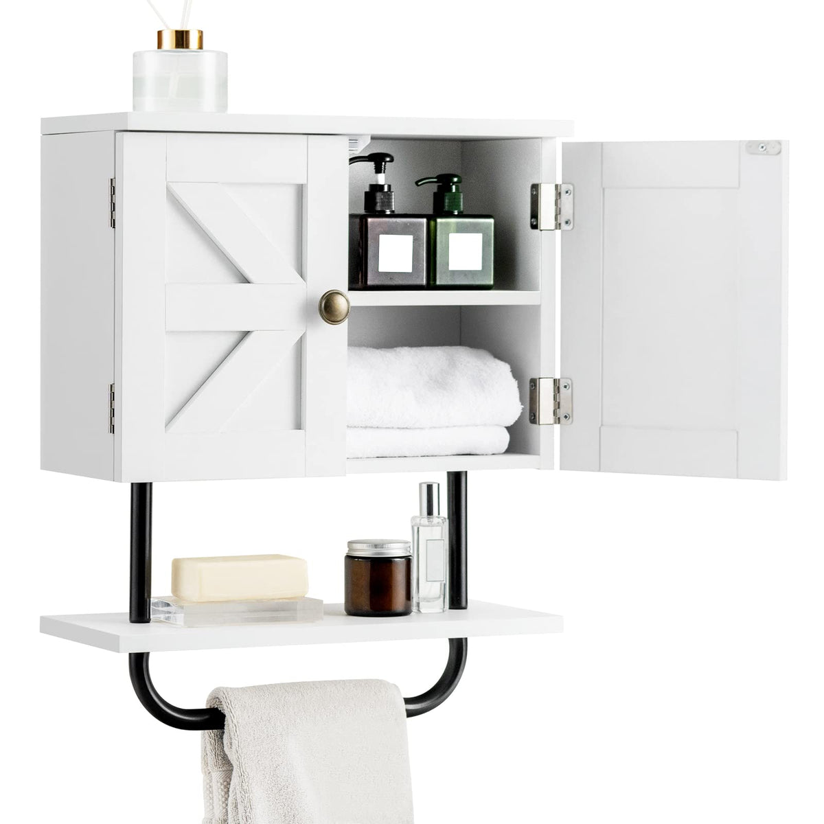 Giantex Bathroom Wall Cabinet, Wall-Mounted Medicine Cabinet with Double Doors, Open Shelf & Towel Rack