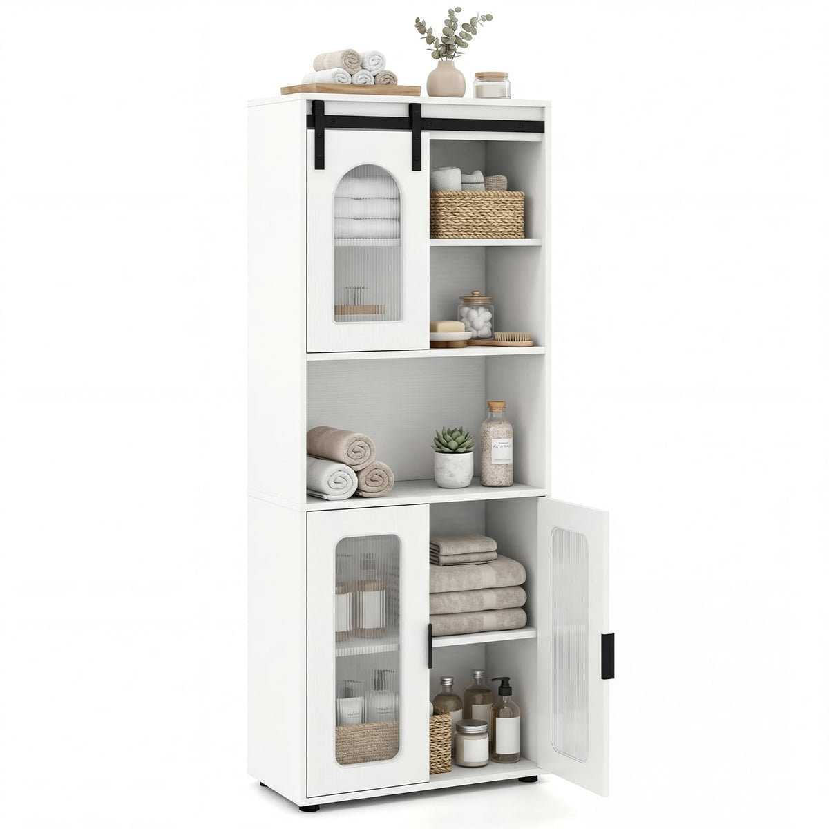 Farmhouse Bathroom Floor Cabinet with Sliding Barn Door and Shelves
