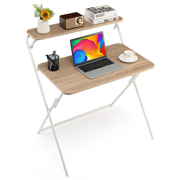 Giantex 2-Tier Folding Desk with Large Desktop & Top Shelf, Metal Frame Laptop Table Writing Desk