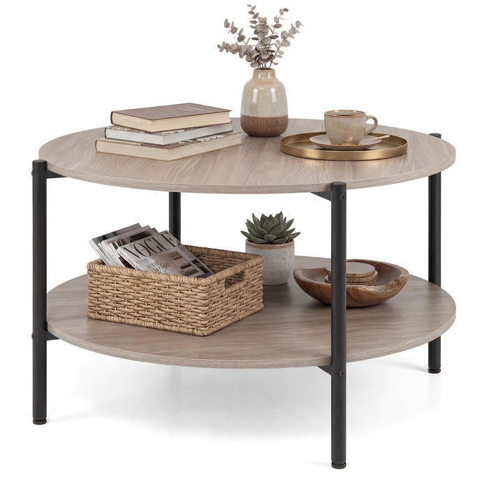 Giantex Round 2-Tier Industrial Coffee Table with Open Storage Shelf