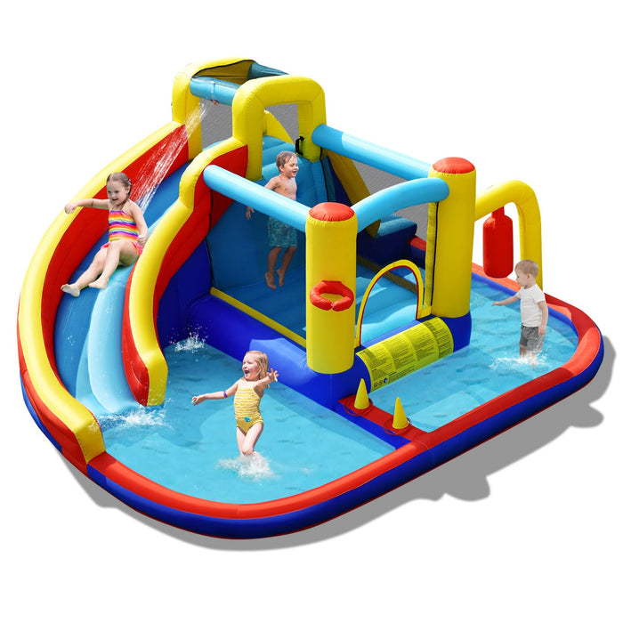 7-in-1 Inflatable Bounce Castle with Curved Water Slide (without Blower)
