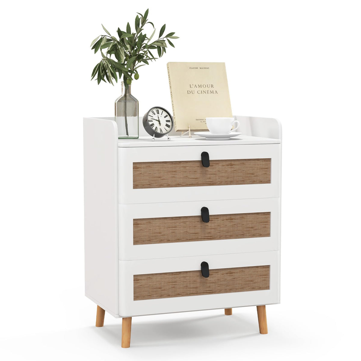 Giantex Nightstand Modern End Table Bedside Table with 3 Rattan Decorated Drawers for Small Spaces