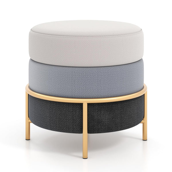 Giantex Upholstered Linen Fabric Ottoman, Multifunctional Round Vanity Stool with Gold Metal Legs & Anti-Slip Foot Pads