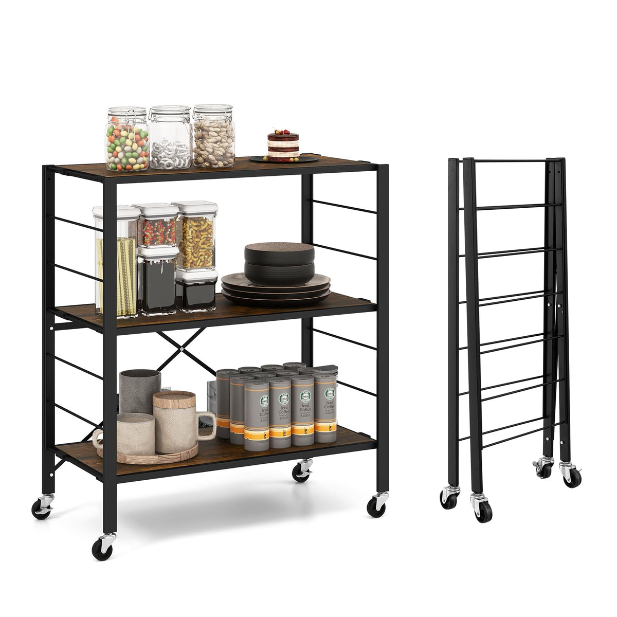 Giantex 3-Tier Foldable Shelving Unit, Heavy Duty Metal Shelves with Detachable Wheels