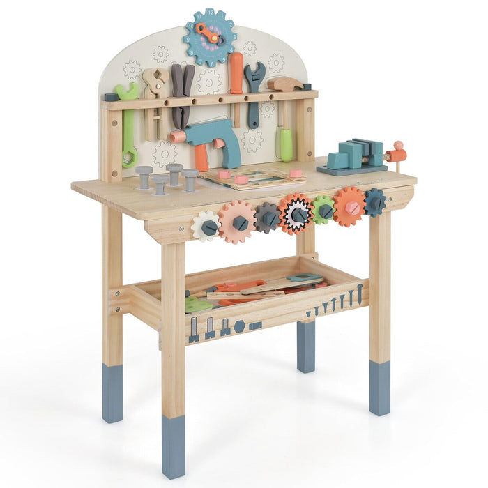 Kids Tool Bench, Wooden Pretend Workbench w/63 Toy Tools and Accessories