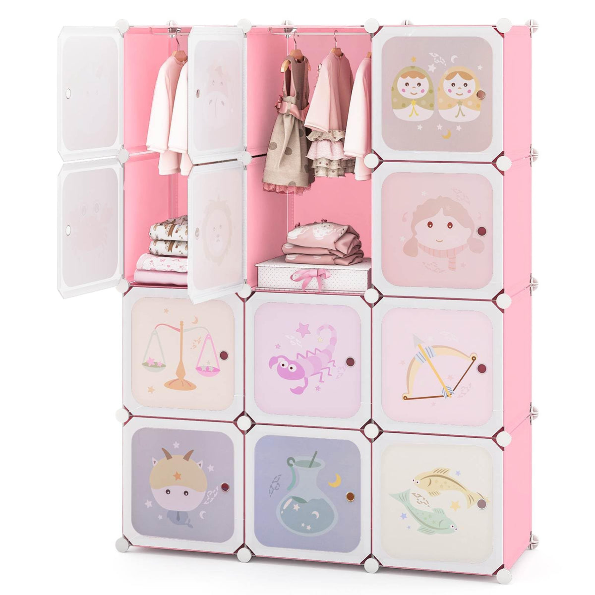 Children 12-Cube Wardrobe, Baby Dresser Kids Bedroom Armoire w/Doors & 2 Rods, Cute Cartoon Zodiac Patterns