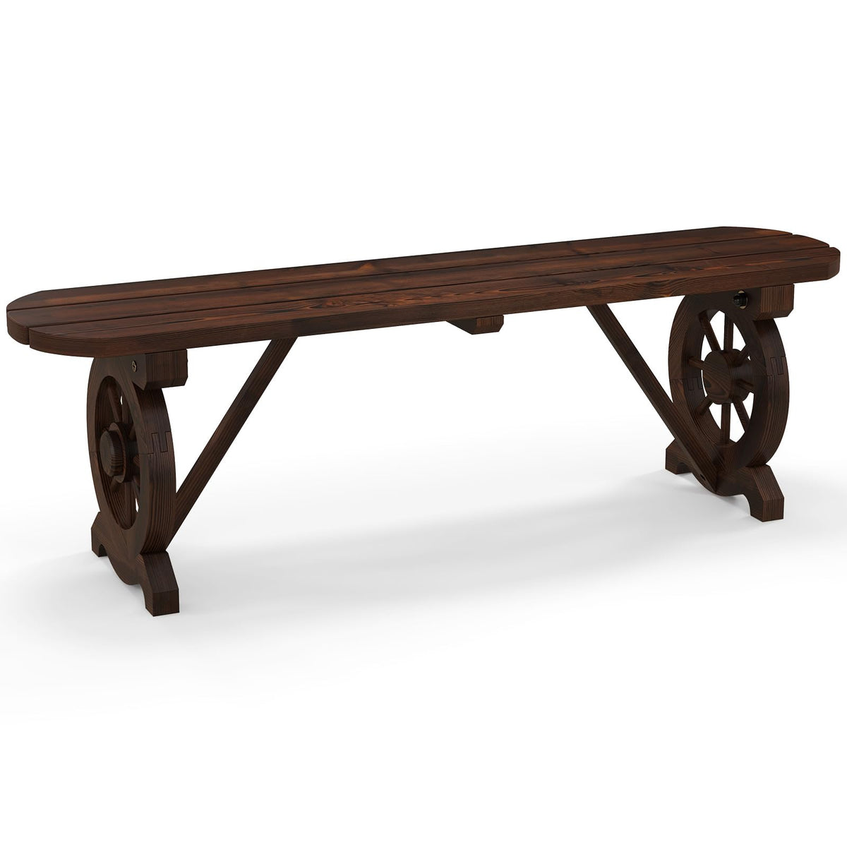 Patio Rustic Wood Bench, Carbonized Wood Long Bench w/Wagon Wheel Base