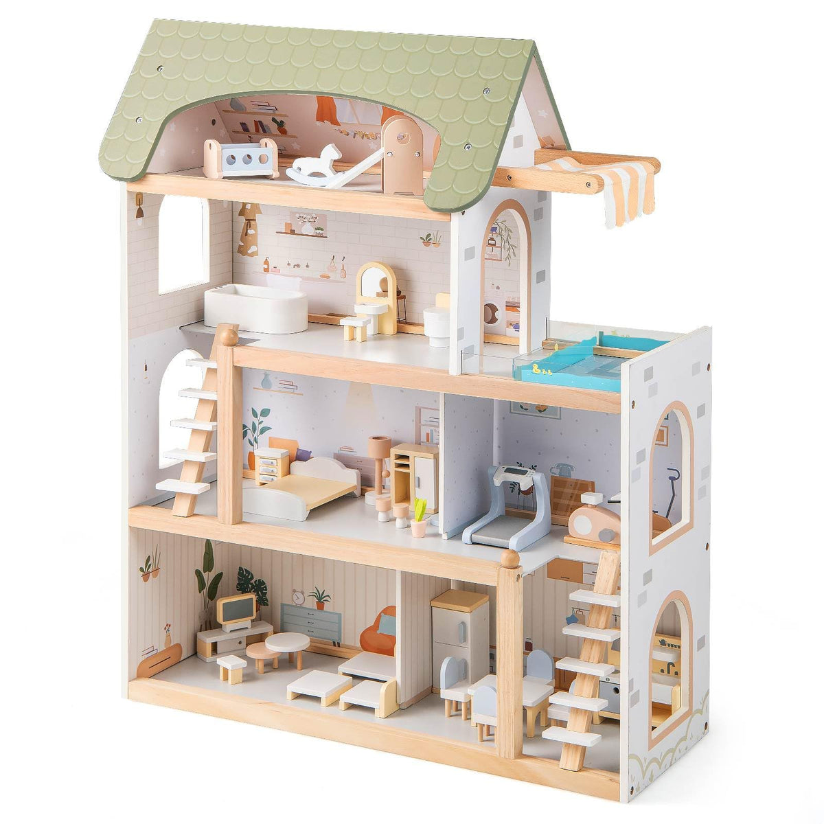 Wooden Dollhouse, 4-Story Kids DIY Pretend Playhouse