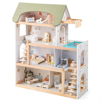 Wooden Dollhouse, 4-Story Kids DIY Pretend Playhouse