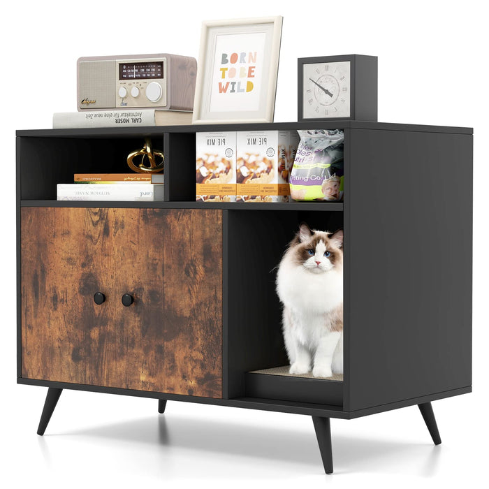Cat Litter Box Enclosure with Scratching Pad, Slanted Metal Legs, Cat Furniture End Table Nightstand with 2 Storage Shelves