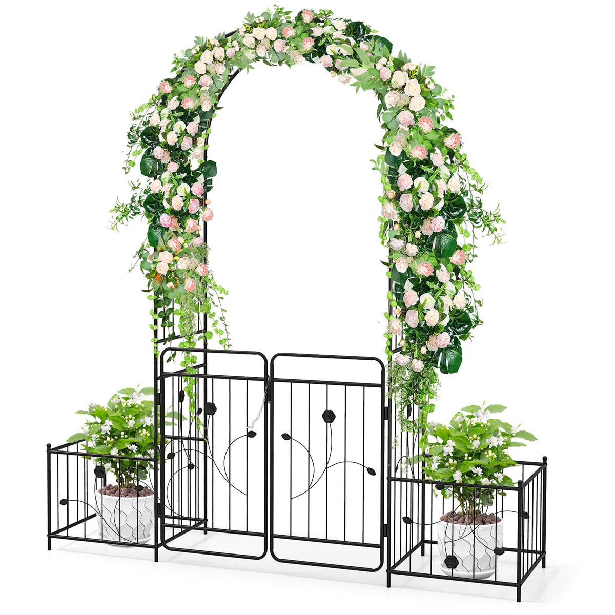 2.2M Garden Arbor, Metal Arch Trellis Lockable Gate, Arched Top Arbor Trellis w/Side Planters