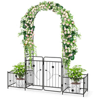 2.2M Garden Arbor, Metal Arch Trellis Lockable Gate, Arched Top Arbor Trellis w/Side Planters